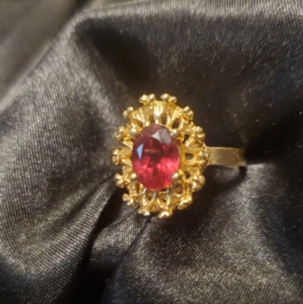 Vintage Gold Rubellite Tourmaline  Ring Size 8 10k Gold Signed Natural Stone